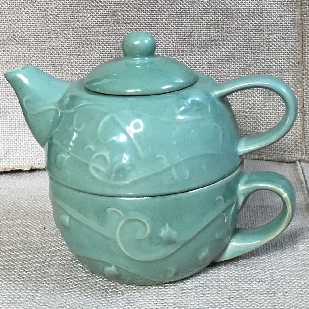 Pier 1 Light Green Embossed Stackable Teapot Coffee Mug Cottage Core Coastal